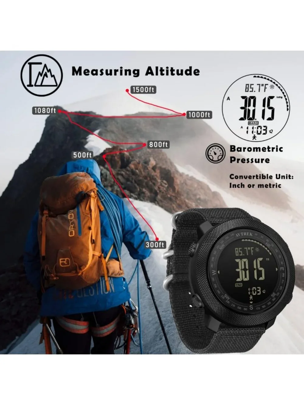 Rugged Digital Hiking Watch for Men | Altimeter, Compass, Waterproof, Pedometer